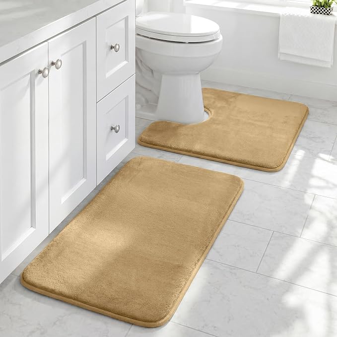 HUXMEYSON Bathroom Rugs Sets 2 Piece, Non-Slip & Quick Dry Bath Mat Set, Ultra Soft Velvet Bath Rugs for Bathroom, Toilet and Shower Floor, Khaki