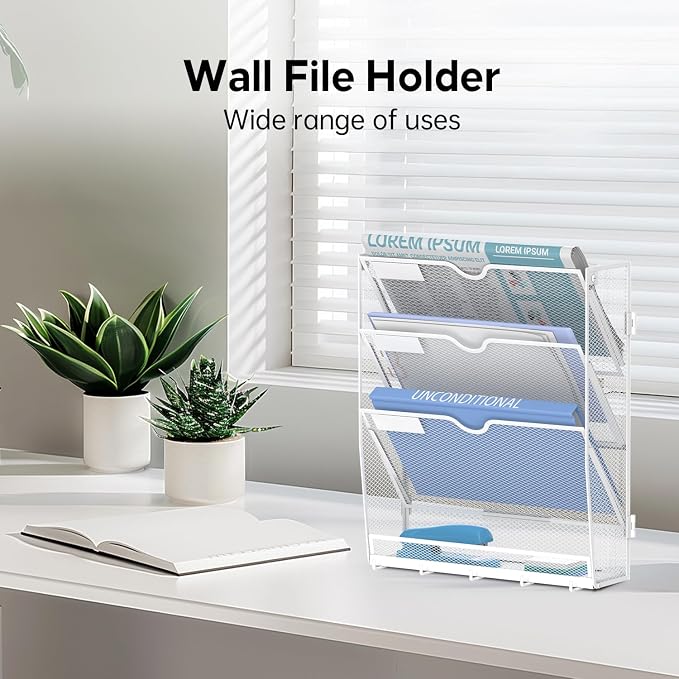 Wall File Organizer - Hanging File Organizer with 5 Hooks, Mail Holder Wall Mounted for Papers, Folders, Magazines, Bills, 4 Tier Office&School Organization, White