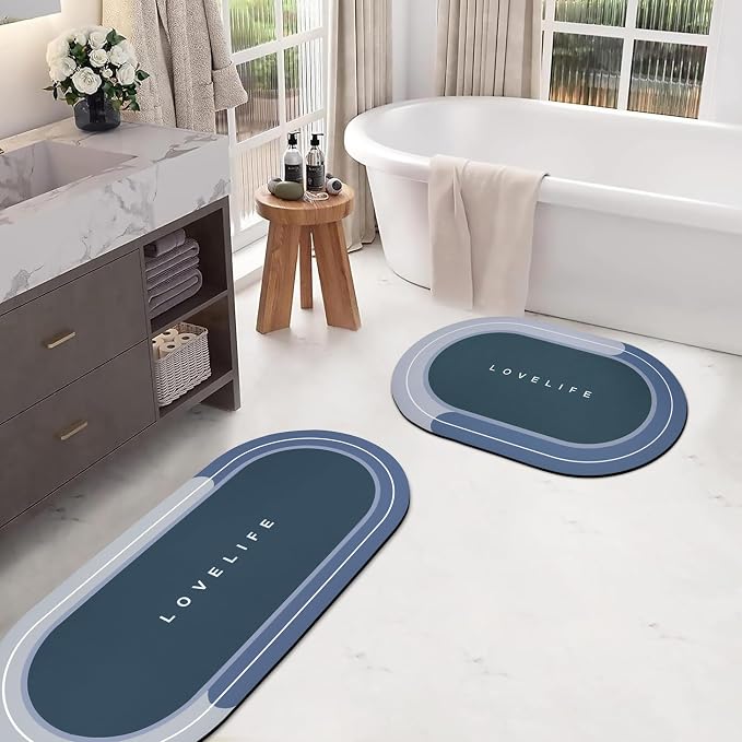 Rubber Bath mats Quick-Drying Non-Slip Bathroom mat Super Absorbent Bath mat Instant Dry Bath mat, Bathroom Rug in Front of The Kitchen Sink, Shower Room, Bathtub, Oval(Blue+16.9x26.7in+16.9x35.4in)