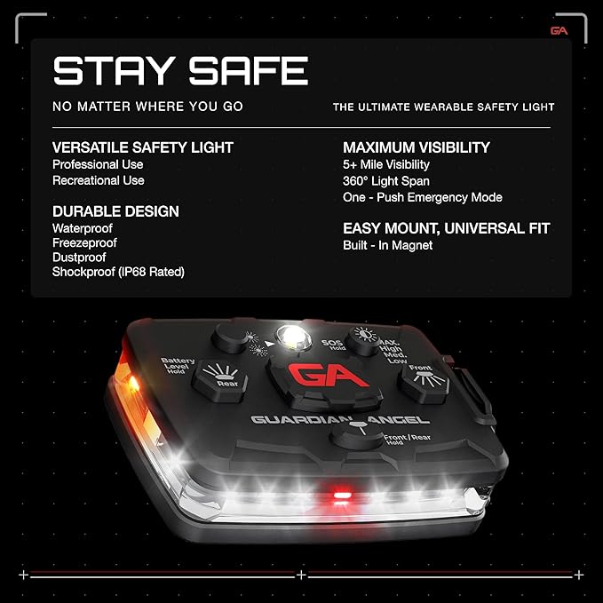 Guardian Angel Elite Series Safety Light, Beacon Device (White Front & Orange Rear) Rechargeable, Magnetic, Hands-Free Wearable, Mountable LED Light for Construction, Roadside, Towing, Industrial TEE