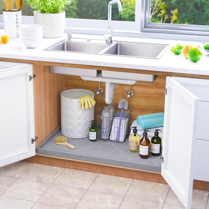 SIKADEER 37" x 22" Under Sink Mat Waterproof, Silicone Mat Kitchen Drawer Shelf and Cabinet Liner, Sink Protector for Bathroom Organizers and Storage, Boot Tray Pet Food Mats