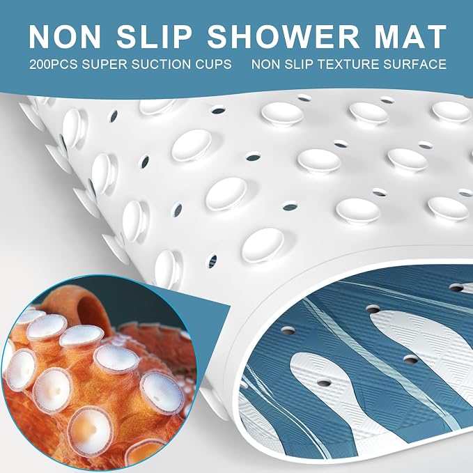 XIYUNTE Baby Bath Mat for Tub Non Slip Kids, BPA Free Extra Long Bathtub Mat 40x16 with Drain Holes and 200 Suction Cups, Non Toxic Machine Washable Toddler Bath Mat, Eco-Friendly Certified