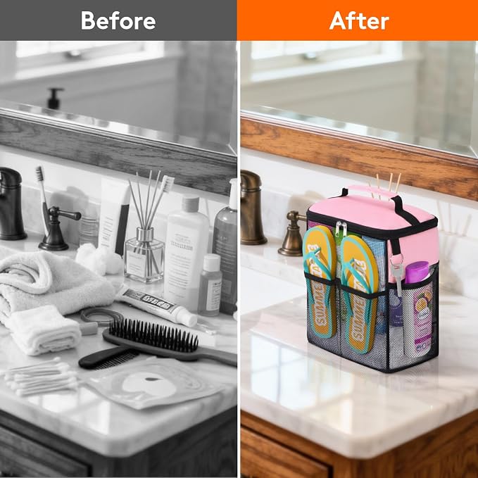 Lifewit Shower Caddy Portable, Toiletry Bag with Handle and 3 Mesh Pockets, Quick Dry Hanging Organizer for Bathroom, Gym, Travel, Camping, College Dorm Room Essentials for Women Men, Pink