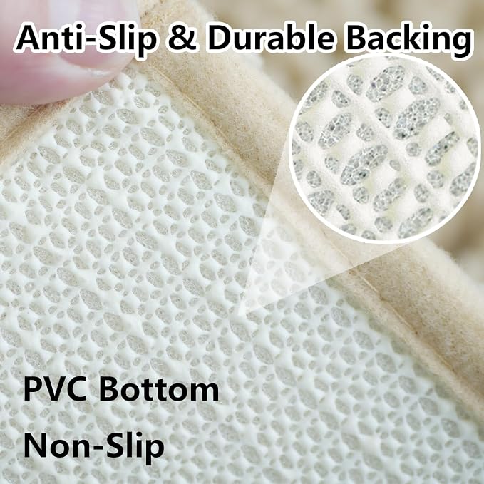 Bath Rugs Chenille 3-Piece Extra Soft and Absorbent Shag Beige Bathroom Rugs, Machine Wash Mat, Strong PVC Non-Slip Underside, Plush Carpet Mats (Beige)