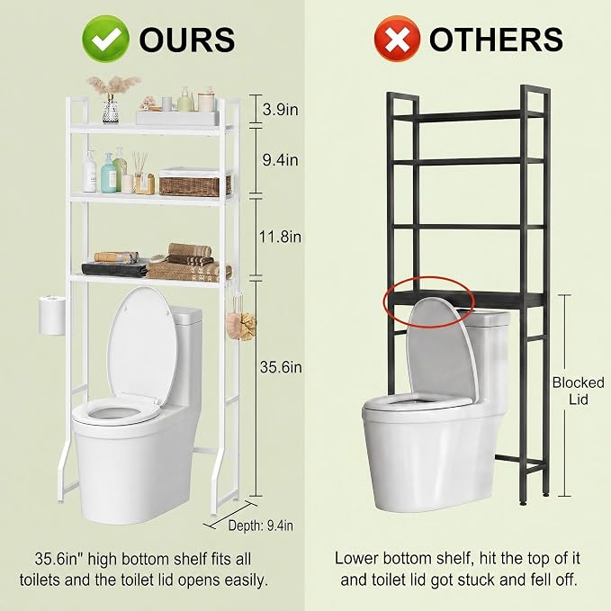 Over the Toilet Organizer White Over the Toilet Shelf with Paper Holder and 3 Hooks 3 Tier Over the Toilet Storage Rack for Restroom, Laundry Bathroom Over the Toilet Cabinet for Small Space