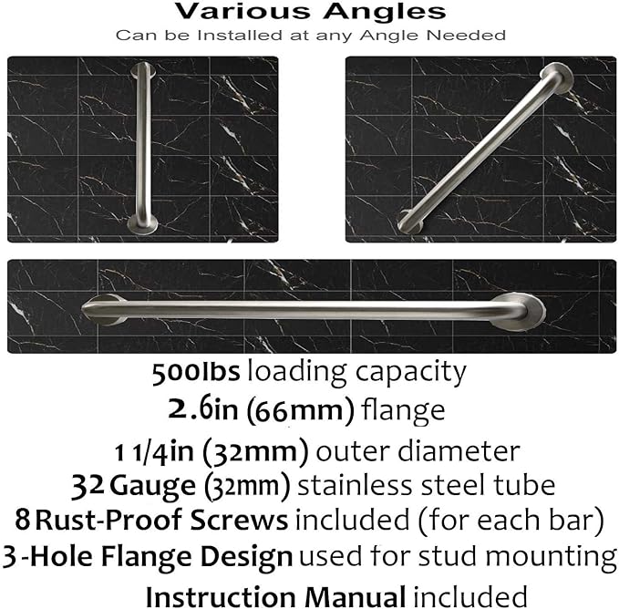 2 Pack 24 Inch Shower Grab Bar, iMomwee Satin Brushed Nickel Stainless Steel Bathroom Grab Bar Handle,Shower Balance Bar,Safety Hand Rail Support,Handicap Elderly Senior Assist Handle(1.25" Diameter)