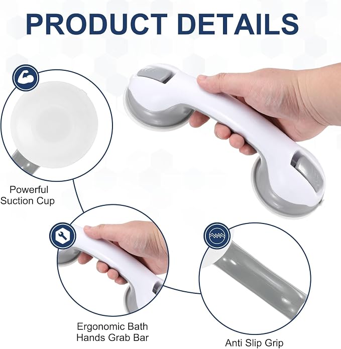 uxcell Grab Bars for Shower, 12 Inch Shower Handle Suction Cup, Grab Bars Elderly Assistance Products Safety Removable Grip Press-Lock for Seniors Bathtubs Bathroom Toilets, White/Gray