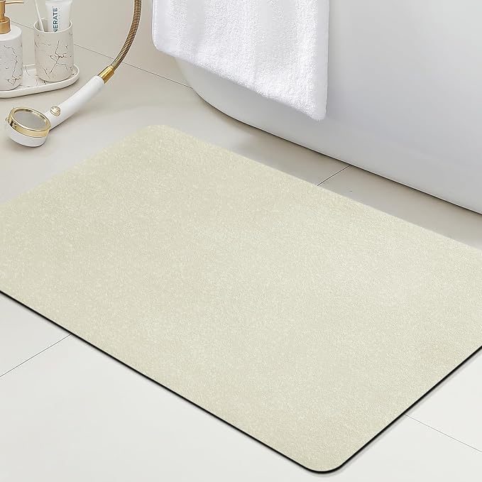 ACCUMTEK Non Slip Bath Mat, Thin Bathroom Rugs Fit Under Door, Quick Dry Bath Mats, Machine Washable Bath Rugs for Bathroom, Bathtub & Kitchen, Light Beige/Upgraded Solid/24 x17