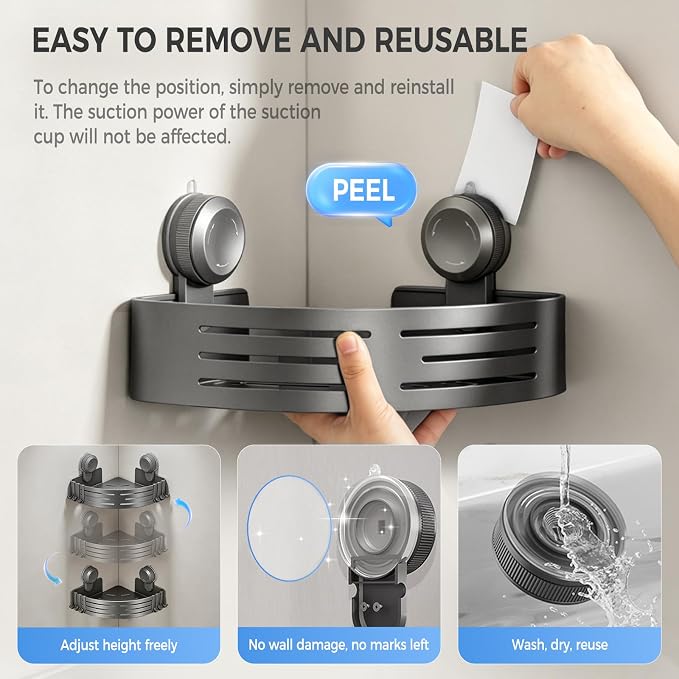Lekesky Corner Shower Caddy Suction Cups, No Drilling Bathroom Shower Shelf | Aluminum, Rustproof, Suction Cup Can Remove and Reposition, Can hold up to 22 pounds, Also Can hold large shampoo bottles