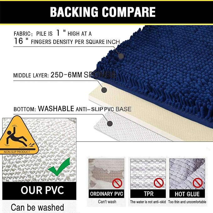 Bathroom Rugs Chenille 3-Piece Extra Soft and Absorbent Shag Bathroom Rugs, Machine Wash Mat, Strong PVC Non-Slip Underside, Plush Carpet Mats (Navy Blue)