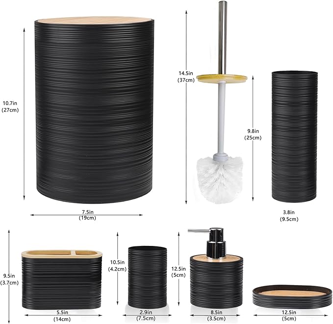 CERBIOR Bathroom Accessories Set Bath Ensemble Includes Soap Dispenser, Toothbrush Holder, Toothbrush Cup, Soap Dish for Decorative Countertop and Housewarming Gift (Black Spiricle)