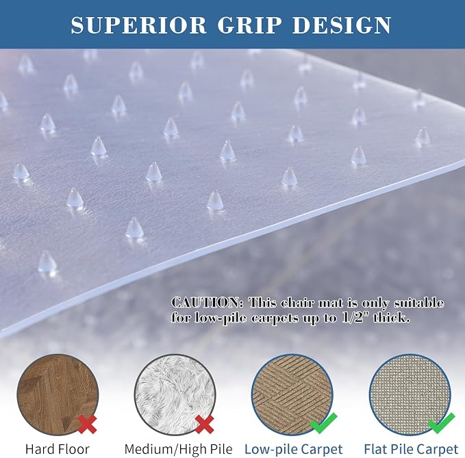Tydle Chair Mat for Carpet, 60" x 46" Chair Mat for Carpeted Floors, Non-Slip Computer Under Desk Plastic Floor Mat for Work Gaming Chairs, Heavy Duty Carpeted Floor Protector for Home Office (Clear)