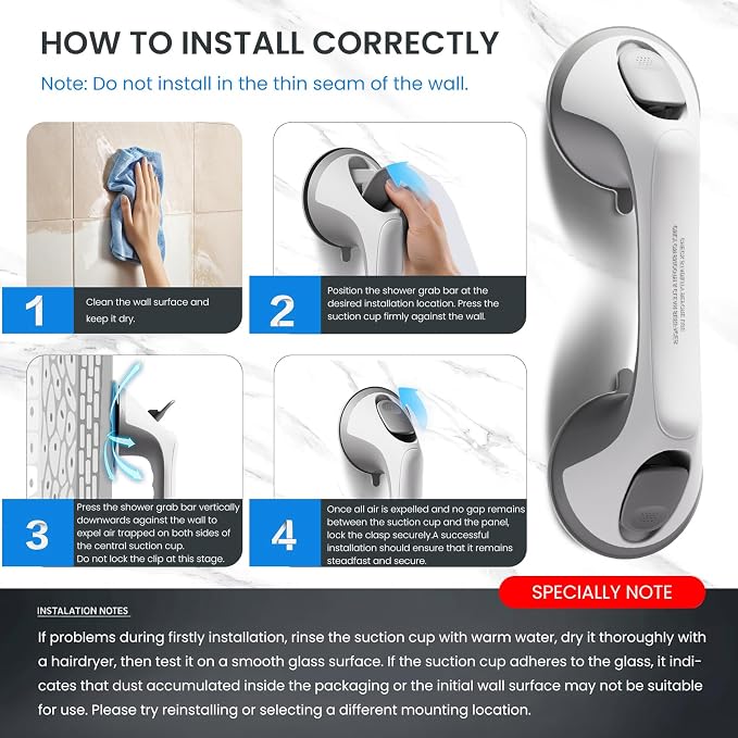 2 Pack 12 Inch Grab Bars for Bathtubs and Showers for Seniors, Heavy Duty Shower Handle for Elderly, Suction Cup Removable Handrails Handicap Bath Grip Bathroom Upgrade Safety Grips (Gray)