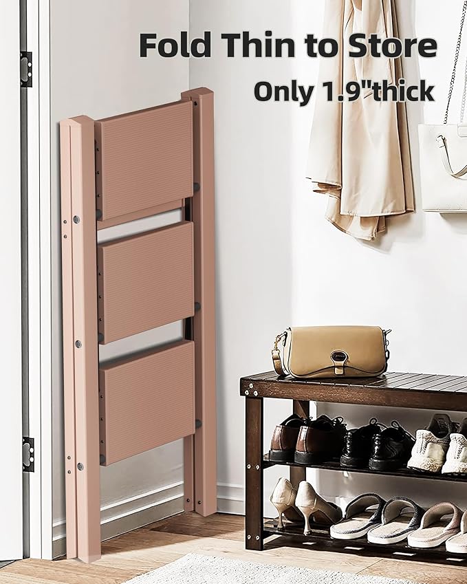 HillhutApex 3 Step Stool, Aluminum Foldable Step Ladder, Lightweight Stable Stool with Wide Non-Slip Pedals, 330lbs Bearing Capacity Ladder for Office,Home,Kitchen - Light Pink
