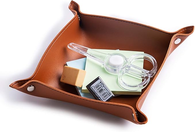 Leather Jewelry Valet Tray for Women and Man, Portable Entryway Table Tray Bedside Nightstand Desk Tray Small Catchall Travel Dish Plate for Key,Wallet,Watch,Coin (2PCs Brown-B)