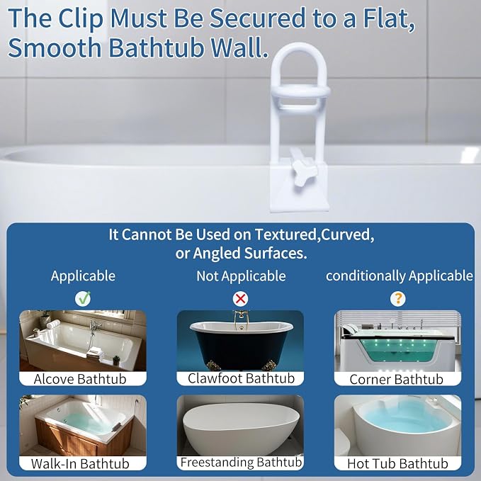 Triple Grip Adjustable Bathtub Handles for Seniors, Fits 3-Inch+ Thick Walls. Please Measure Before Purchasing Tub Grab Bars for Side of Tub, Handicap Grab Bars, Tub Handles for Elderly Balance