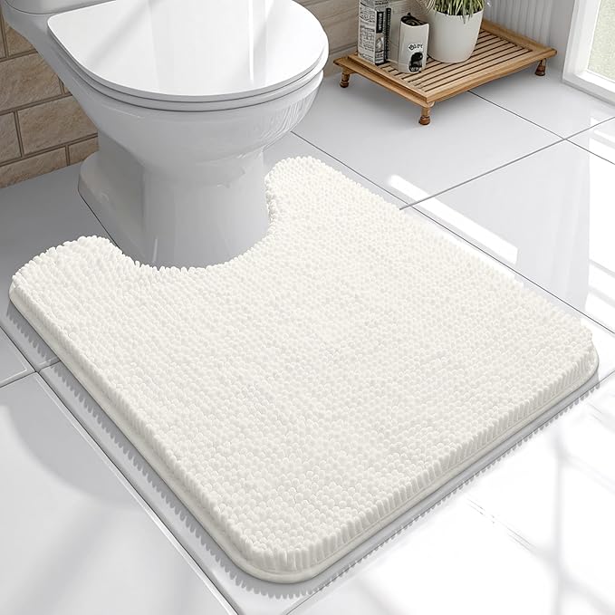 OLANLY Toilet Rugs U-Shaped 20x20, Extra Soft Absorbent Chenille Contour Bathroom Rugs for Toilet, Dry Quickly, Machine Washable, Non-Slip Bath Mat, Ivory