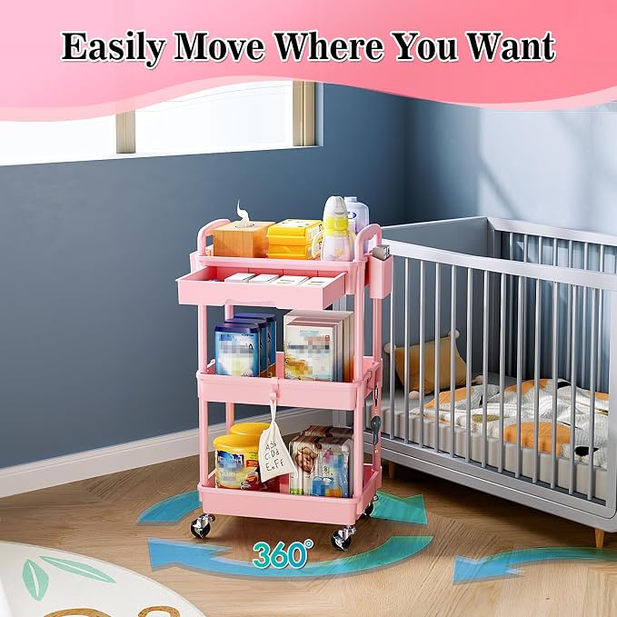 SUNALLY 3 Tier Rolling Cart with Drawer, Bathroom Storage Organizer with 2 Lockable Wheels, Multifunctional Rolling Storage Cart for Bathroom, Kitchen, Office, Craft, Makeup, Baby Essentials, Pink