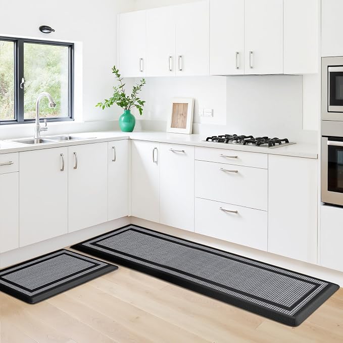 KitchenClouds [2 PCS] Kitchen Rugs Cushioned Anti-Fatigue Kitchen Mats for Floor Waterproof Kitchen Rug Set Non-Slip Comfort Standing Mat for Office, Sink, Laundry 20"×30"+20"×60",Black