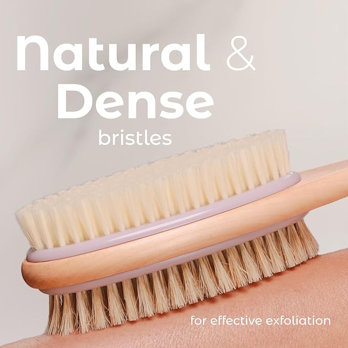 MainBasics Back Scrubber Shower Brush Long Handle Dual Sided Body Brush with Exfoliating Soft Bristles for Back Scrubbing Deep Cleaning and Body Wash (Lavender)