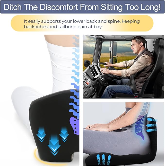 Car Seat Cushion, Memory Foam Driving Cushion with Adjustable Strap, Ergonomic Pad for Car & Semi Truck, Office Chair Cushion for Sciatica & Lower Back Pain Relief, Black