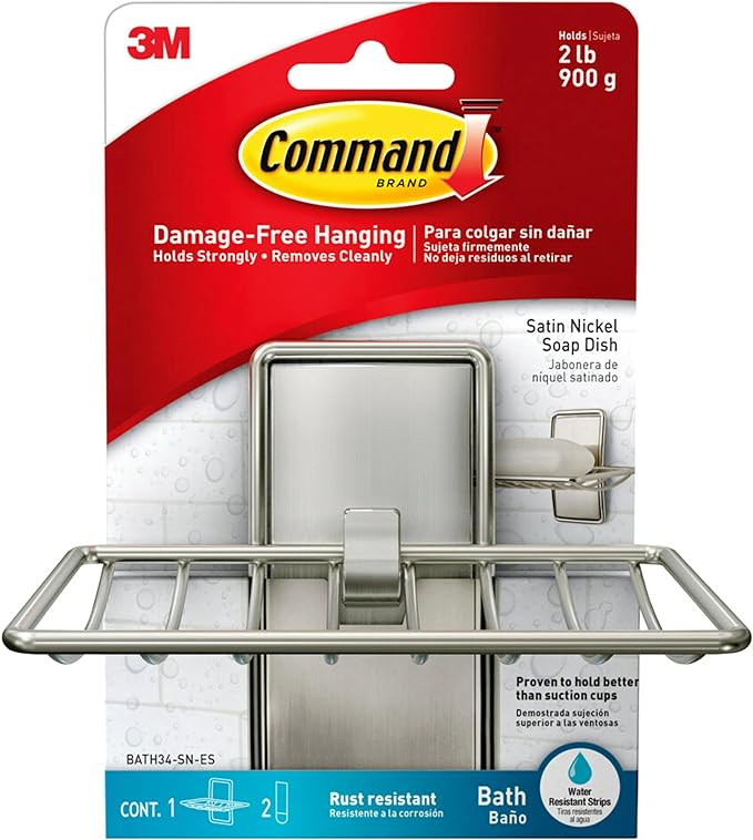 Command Soap Dish for Shower,Damage Free Hanging Bathroom Soap Dish,No Tools Bar-Soap Holder,1 Satin Nickel-Soap-Dish and 2 Water-Resistant Command Strips,(Pack of 8)