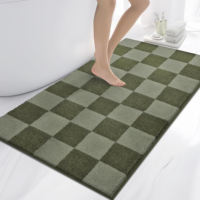 anllugs Bathroom Rugs 30" x 60", Non-Slip Extra Soft Absorbent Bath Rugs, Machine Washable Quick Dry Bath Mats for Bathroom Floor, Shower, Bathtub and Sink, Checkered Budding Green & Sage Green