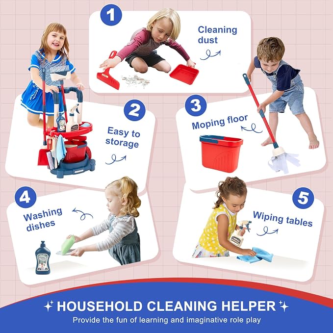 Toddler Cleaning Set, 12PCS Detachable Kids Broom and Dustpan Set Includes Mop, Brush, Scraper, Handcart, Bucket and More, Pretend Play Housekeeping Kit, Birthday Gift for Boys Girls Aged 3+