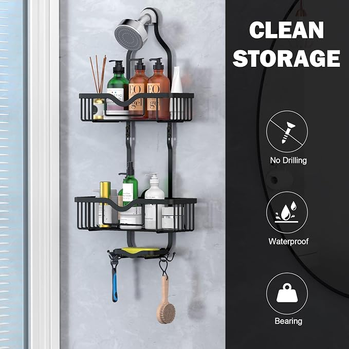 Shower Caddy Hanging, Bathroom Organizer Rack, Shower Rack with Soap Dish, Over The Showerhead Caddy with Hooks for Razor/Sponge, Matte Black (Assembly Required)
