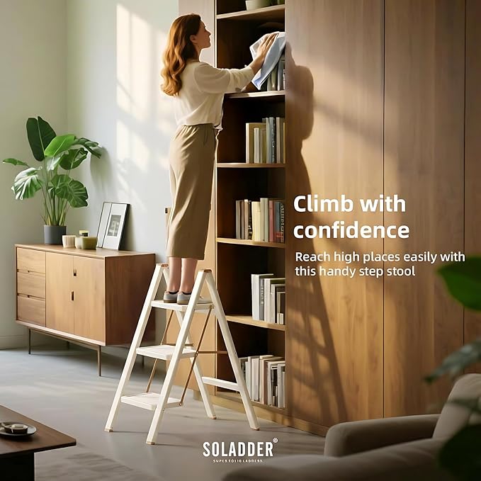 SOLADDER 3 Step Ladder, Anti-Slip and Lightweight Foldable Step Stool for Adults to Use in Kitchen, Closet and Library, 300lbs(Cream Chocalate)
