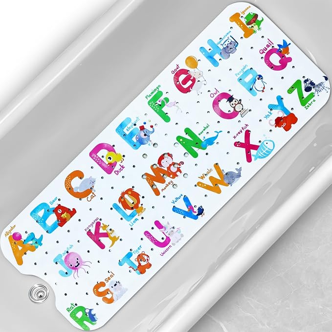 Baby Bath Tub Mat, Extra Large Non Slip Kids Cartoon Bathtub Shower Mats with Suction Cups & Drain Holes, Machine Washable for Bathroom, 40 x 16 Inch, Alphabet Animals Pattern