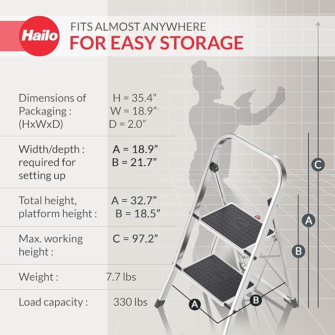 HAILO K70 StandardLine 2-Step Ladder – Foldable Steel Step Stool with Safety Lock, Wide Non-Slip Mats, 330 lb Capacity, Compact Storage, Carry Handle, Stable for Home, Kitchen, Office – Silver