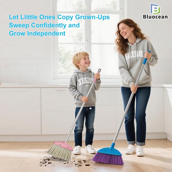 28'' Kids Mini Broom and Dustpan Set - Toddler Cleaning Toy, Toddler Household Helper, Parent-Child Interactive Play Cleaning Tool, Cute Cartoon Design, Small Safe Corner Broom (Pink)