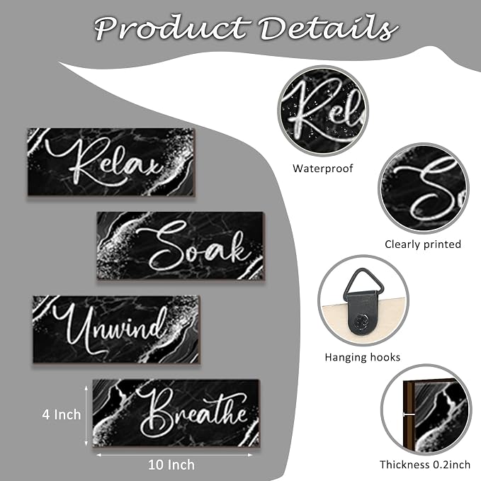 ONIZHITY 4 Pcs Black And Silver Bathroom Decor Wall Signs Relax Soak Unwind Breathe Wooden Rustic Marble Style Bathroom Accessories for Bedroom Living Room Kitchen Decoration(Black Silver 10X4")