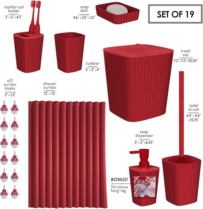 Clara Clark Bathroom Accessories Set - Christmas Shower Curtain Set, Xmas Bathroom Set, Christmas Bathroom Decor, Bathroom Accessory Set, Toilet Brush, Trash Can & Soap Dispenser - 19PC Set