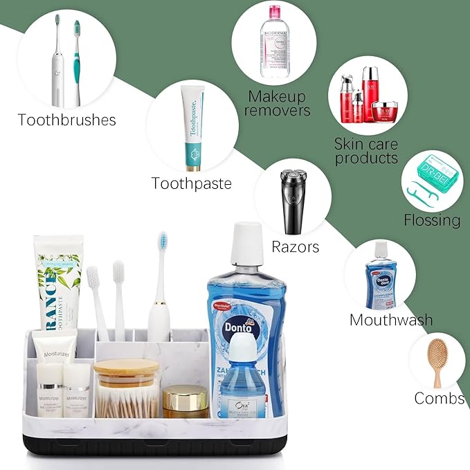 GFWARE Marble Bathroom Countertop Organizer - Detachable 7 Slots Kids Electric Toothbrush and Toothpaste Holde Drainage for Bathroom Accessories Organization Counter Vanity Storage, Black
