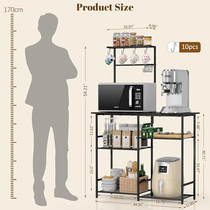 3IngSeagulls Baker's Rack for Kitchen with Storage, Microwave Stand with Adjustable Shelves, Kitchen Stand with 10 S Hooks, 6-Tier Coffee Bar Station, Storage Shelves for Spices, Pots, Gray