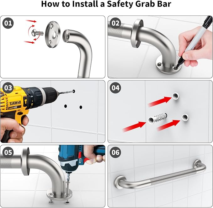 Shower Grab Bar 16 Inch, iHansee Brushed Nickel Bathroom Grab Bar w/Anti-Slip Knurled Grip, Stainless Steel Bath Safety Bars Support Handrail for Senior Elderly, Toilet Bathtub Balance Handle for Wall