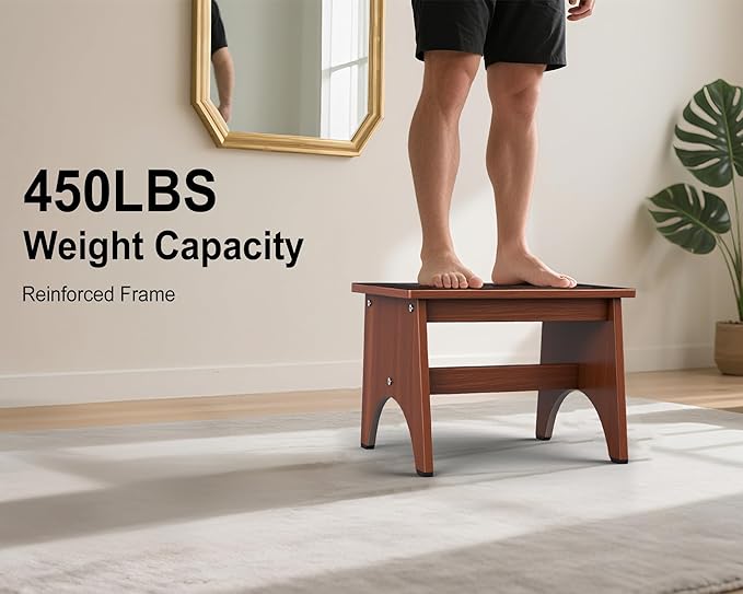 One Step Stool for Adults Seniors with Non-Slip Rubber Step Surface, 11.8" Heavy Duty Wooden Stepping Stools with 450 LBS Capacity for Bedroom Kitchen Bathroom