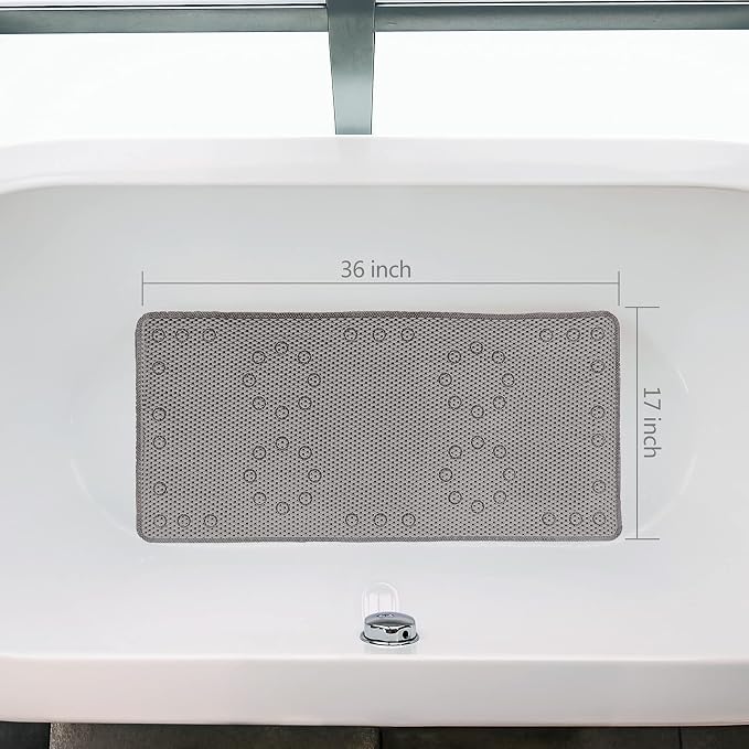 Shower and Bath Mat,Non-Slip Machine Washable and Extra Large Bathtub Mats with Drain Holes and Suction Cups Soft Foam Tub Mats-36” X 17”,Grey