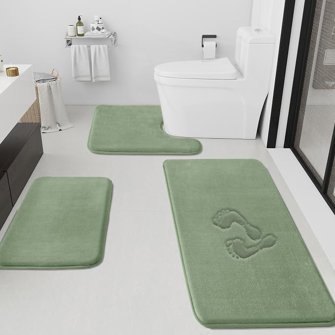 HUXMEYSON Bathroom Rugs Sets 3 Piece, Non-Slip & Quick Dry Bath Mat Set, Ultra Soft Velvet Bath Rugs for Bathroom, Toilet and Shower Floor, Grey Green