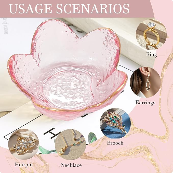 Gifts for Women Trinket Dish Flower Jewelry Dish Pink Glass Ring Holder Jewellery Tray Cute Room Decor Aesthetic Bedroom Accessories Unique Birthday New Home Mothers Day Gifts for Women Friends(2 pcs)
