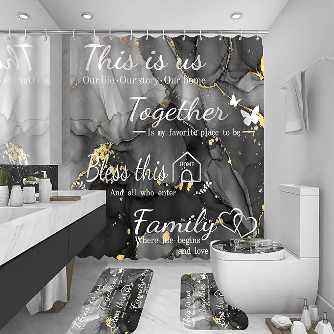 4Pcs Family Marble Shower Curtain Set,Dark Grey Home Inspirational Bathroom Sets with Shower Curtain and Rugs, Bathroom Decor Set,Waterproof Bathroom Curtains Shower Set,with 12 Pcs Hooks