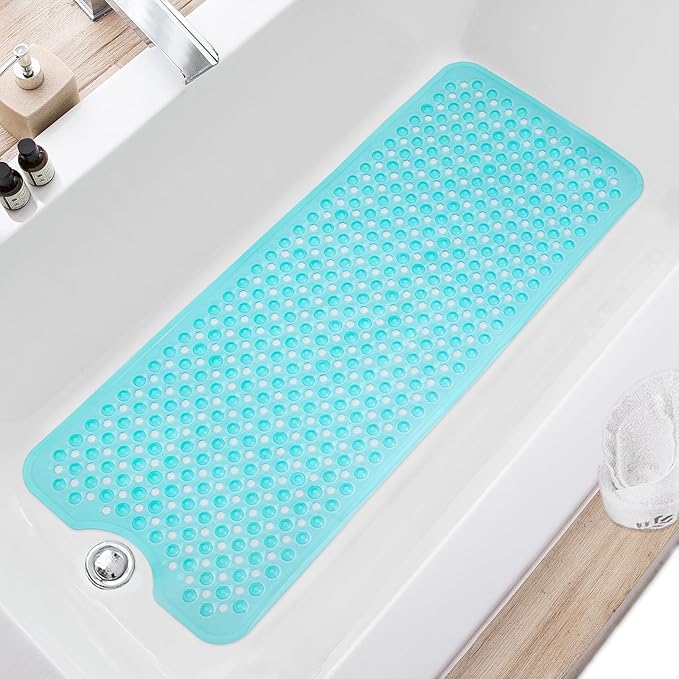 TEESHLY Bath Tub and Shower Mats, Non Slip 40 x 16 Inch Extra Large Bathtub Mat, Machine Washable Bathmat with Drain Holes, Suction Cups for Bathroom Floor, Clear Turquoise
