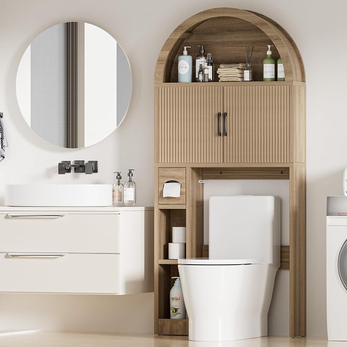 Spurgehom Over The Toilet Storage Cabinet, Bathroom Shelf Organizer Freestanding, Bathroom Arch Cabinet Over Toilet with Toilet Paper Holder and Anti-Tipping Device, Wood