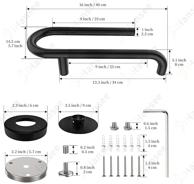 𝐔𝐩𝐠𝐫𝐚𝐝𝐞𝐝 Toilet Grab Bars 16 Inch - Toilet Paper Holder Grab Bar Stainless Steel Knurled Toilet Grab Bars for Seniors Bathtub Bathroom Rails for Elderly Bath Safety Balance Support, Black