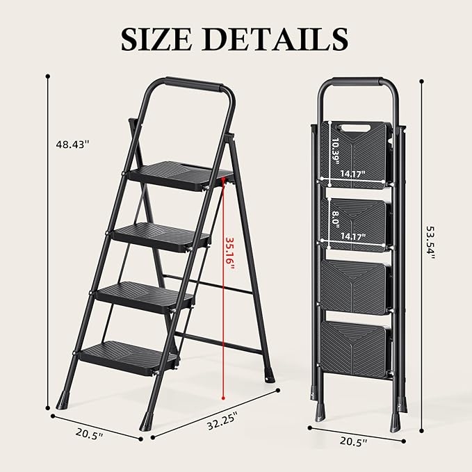 Urackify 4 Step Ladder, Portable Folding Ladder for Multi-Purpose, Home, Kitchen, Heavy Sturdy Steel Step Stool with Handrail, Anti-Slip Wide Pedals, Safe-Lock Design, Pass 500lbs Load Testing, Black