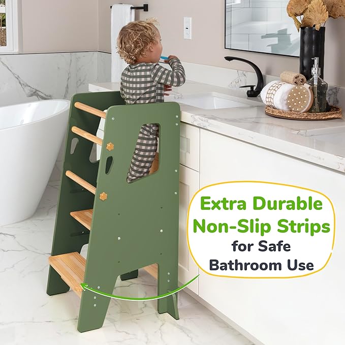 OCODILE Toddler Standing Tower - Adjustable Height Toddler Kitchen Stool Helper - Ideal Kids Kitchen Step Stool for Learning New Skills - Extra Secure with Safety Feet - Green