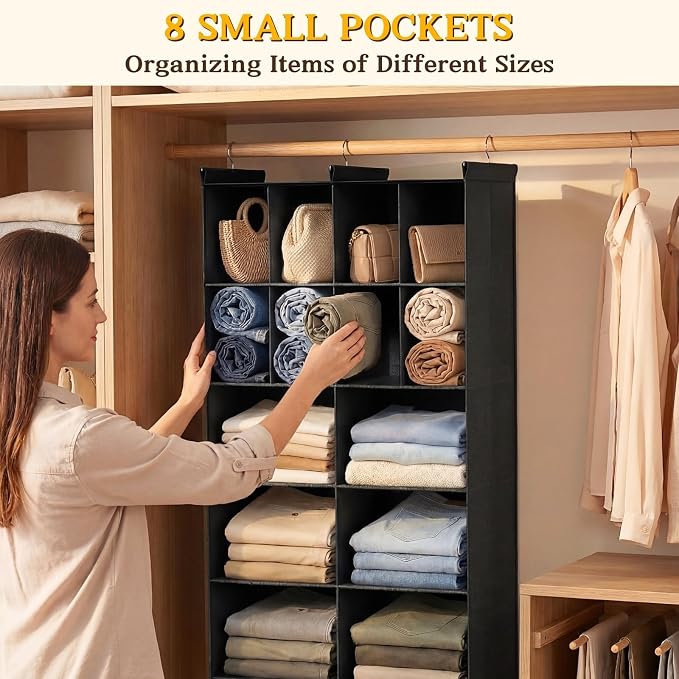 Ofiray-home 5 Tier Hanging Closet Organizer, 14 Compartments Sweater Organizer for Closet with 3 Sturdy Hooks, Closet Organizers and Storage, Wardrobe, Rv, Garment Rack, Black