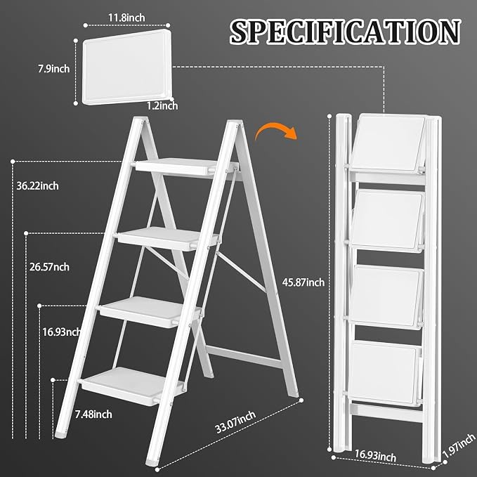 DIAMONDFORGE 4 Step Ladder, Folding Step Stool & Collapsible Stool for Kitchen, 330lbs Capacity with Wide Anti-Slip Pedal & Feet, Sturdy Steel Step Ladder for Home and Office, White